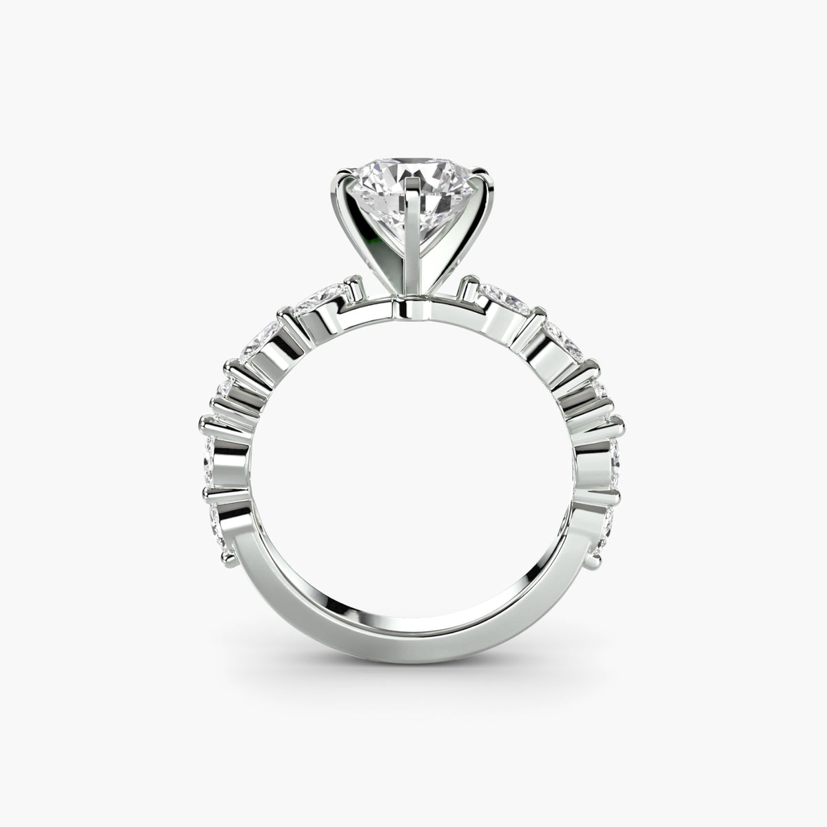 Profile view of The Colette engagement ring with extended pavé diamond band