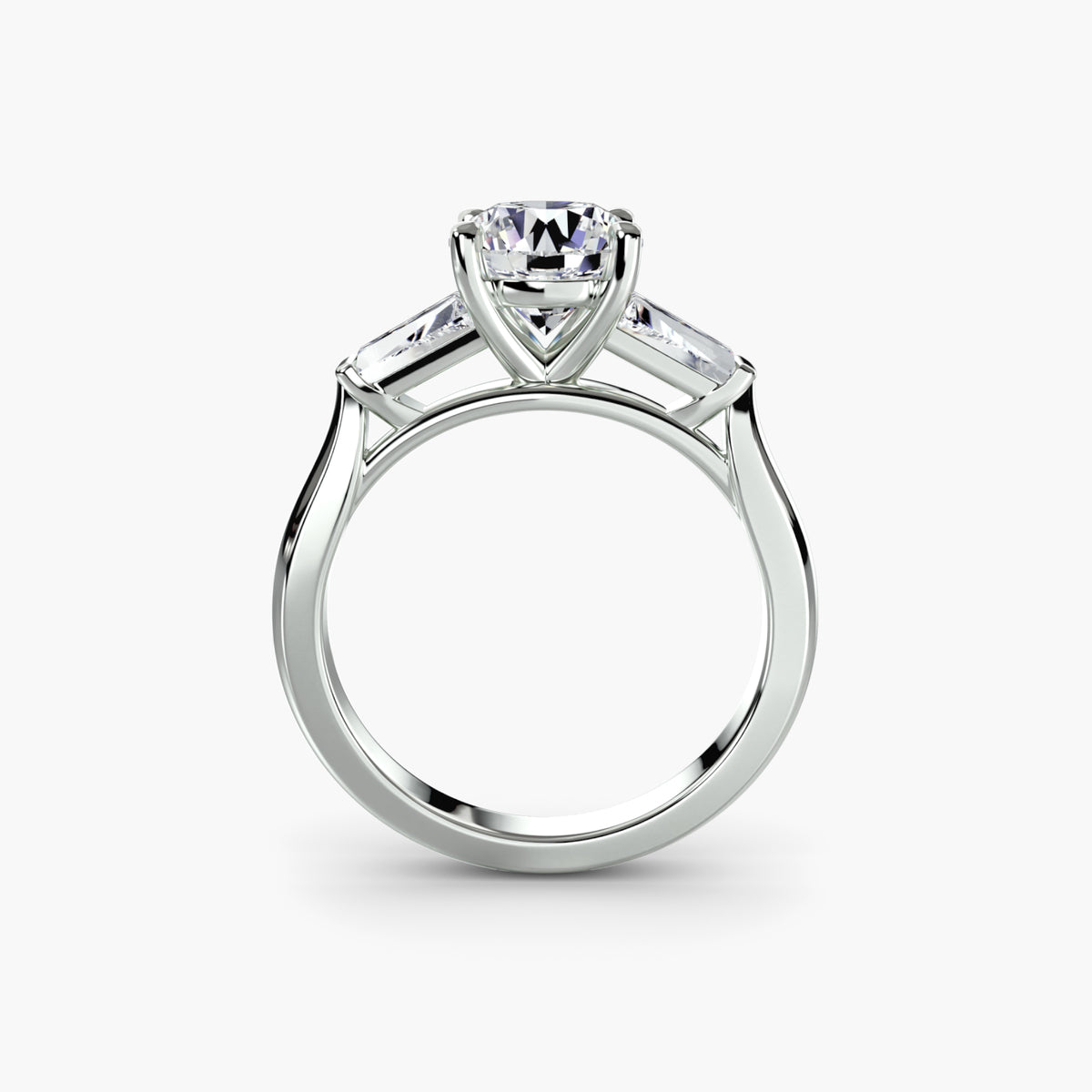 Profile view of tapered baguette solitaire engagement ring – The Noémie