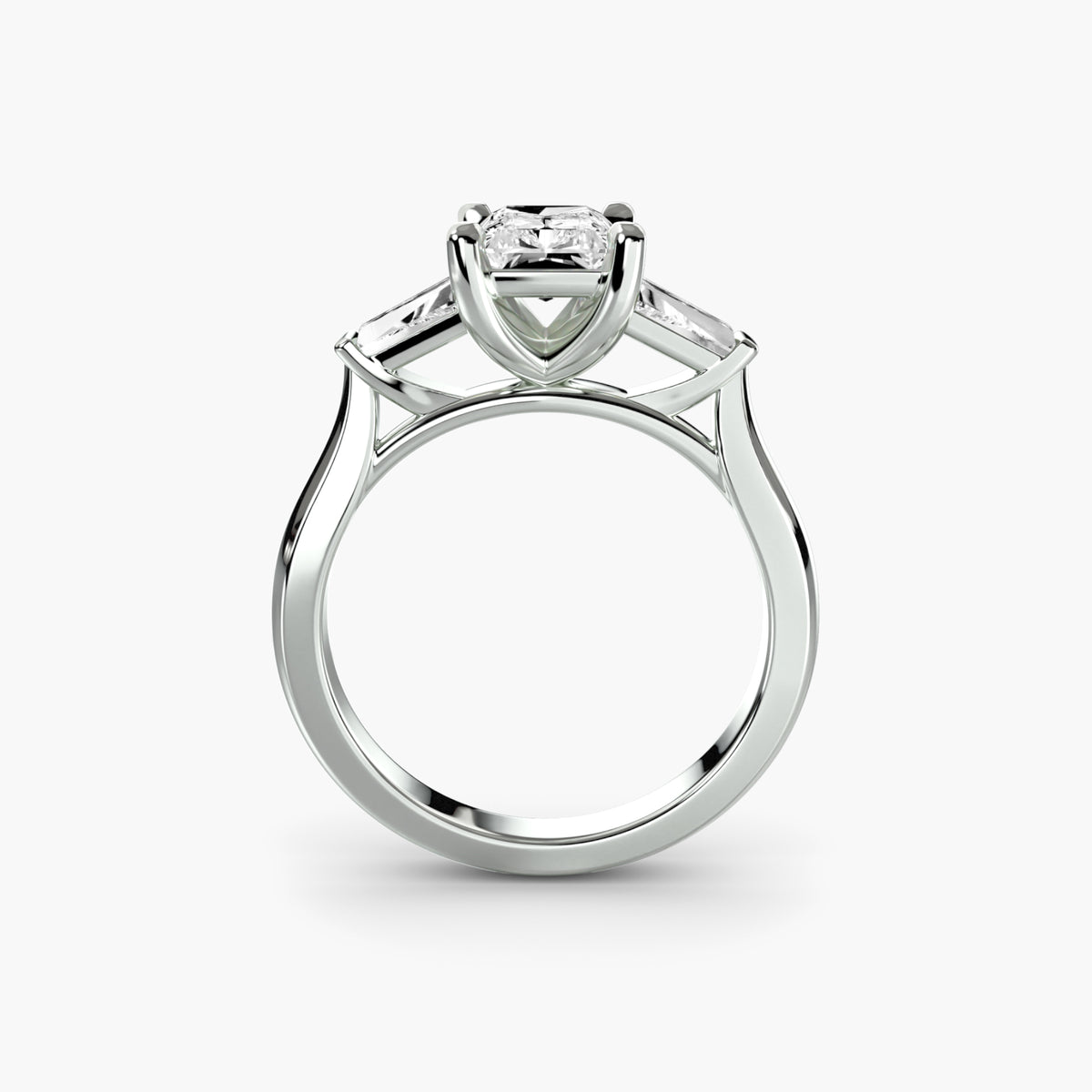 Profile view of baguette three-stone engagement ring – The Solène
