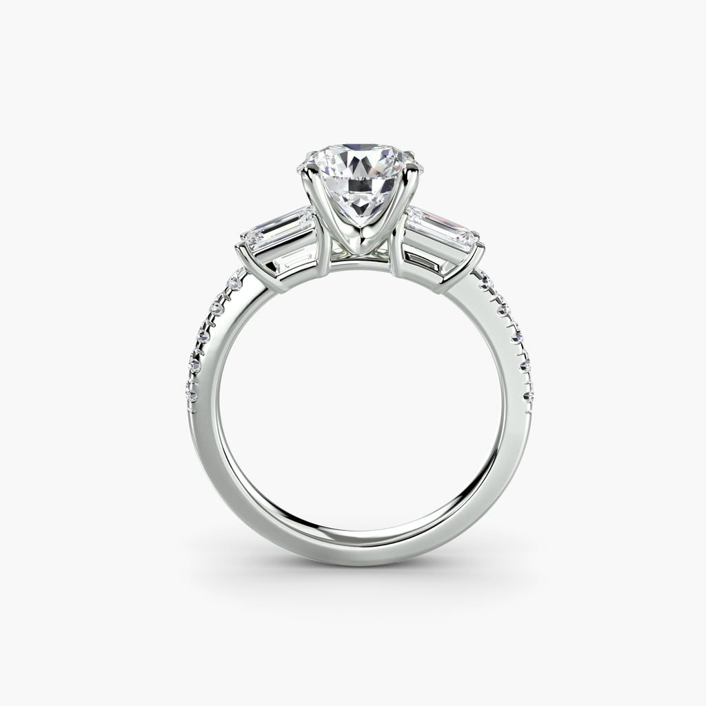 Profile view of baguette three-stone pavé engagement ring – The Lorraine