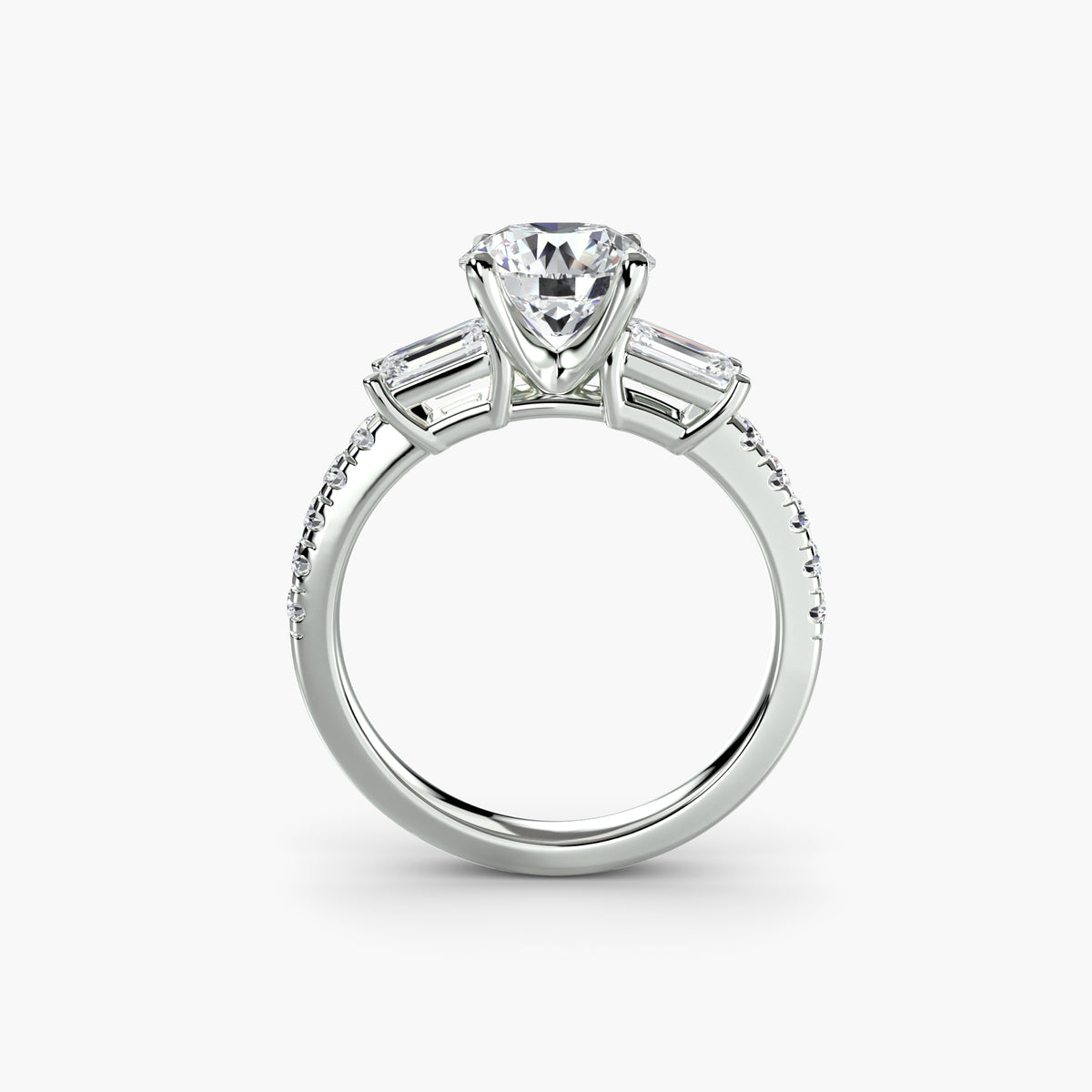 Profile view of baguette three-stone pavé engagement ring – The Lorraine