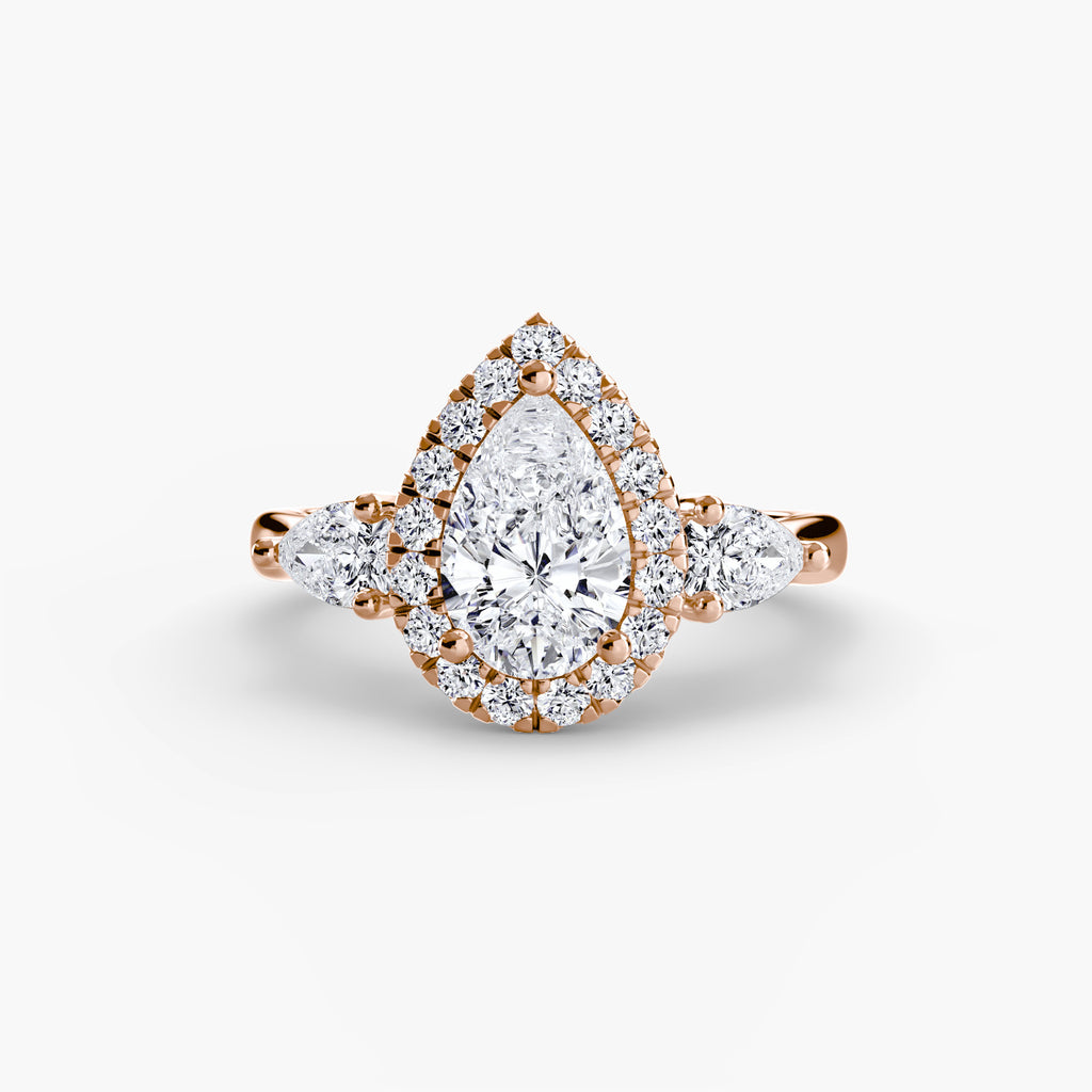 Three-Stone Halo Engagement Ring – The Clarimond