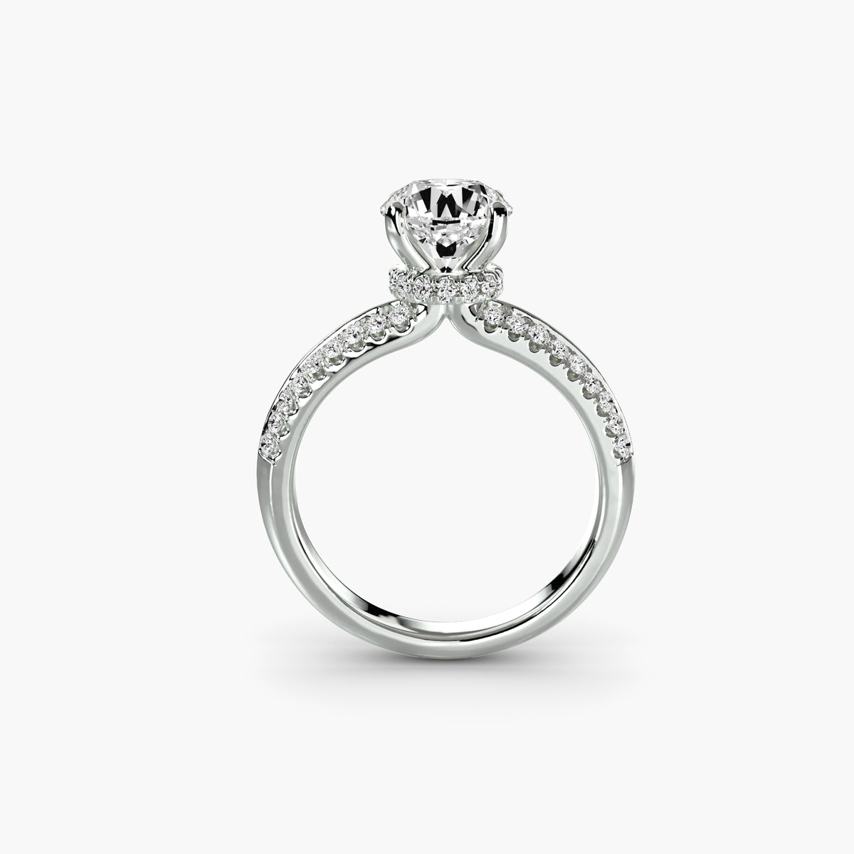 Profile view of The Séraphine hidden halo engagement ring with pavé diamond band
