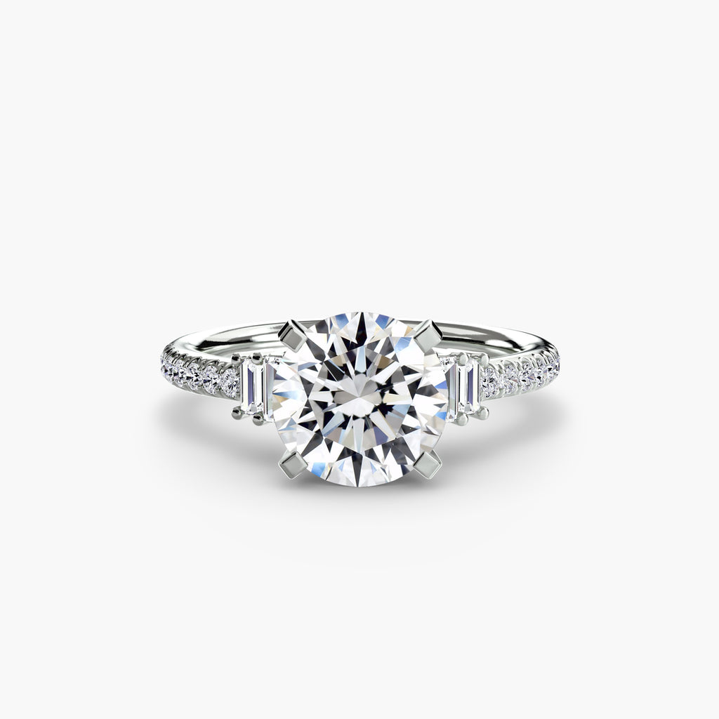 Front view of The Estelle baguette accent pavé engagement ring