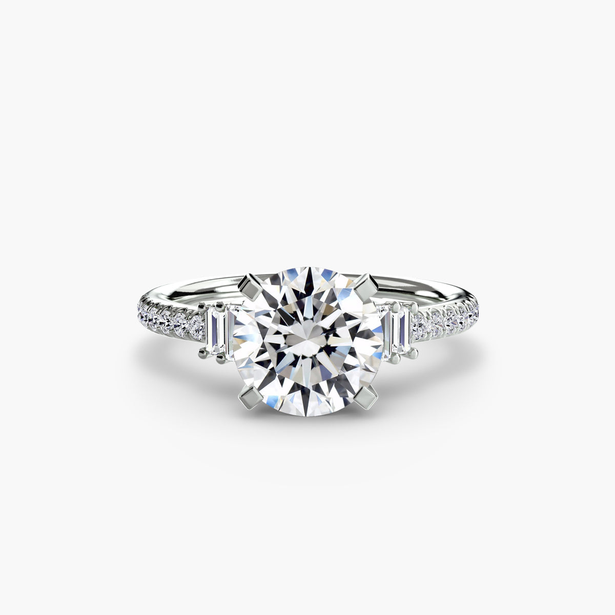 Front view of The Estelle baguette accent pavé engagement ring