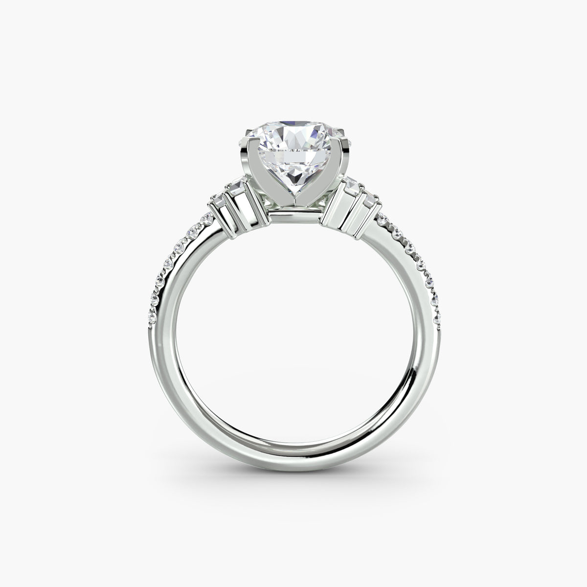 Profile view of The Estelle engagement ring with baguette and pavé diamond accents
