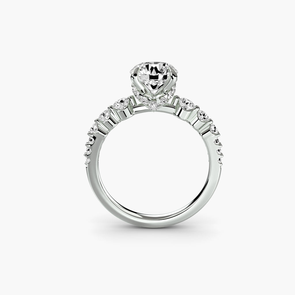Profile view of The Arabella engagement ring with intricate diamond clusters