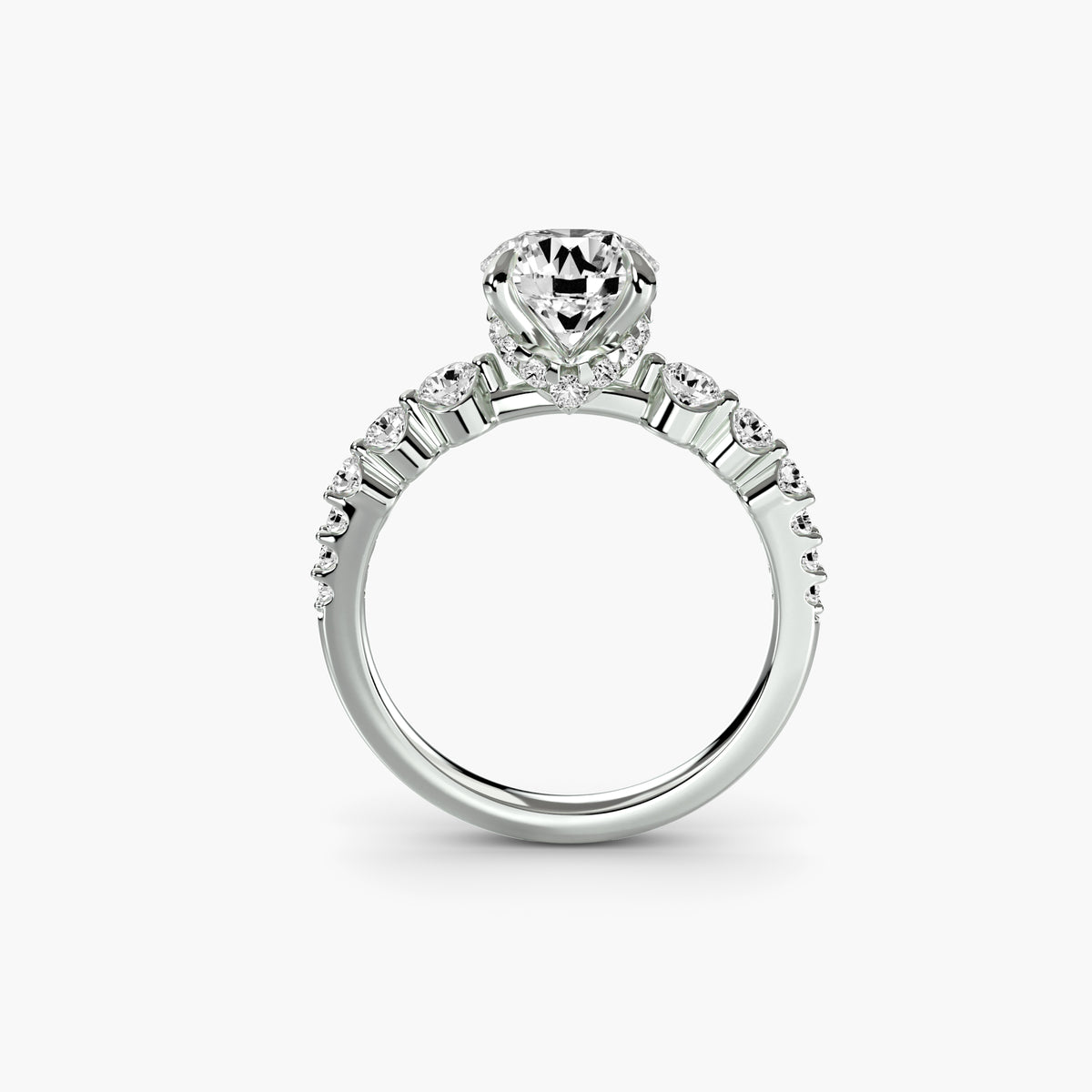 Profile view of The Arabella engagement ring with intricate diamond clusters