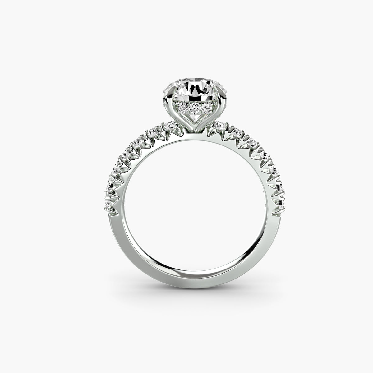 Profile view of The Éliane hidden halo engagement ring with pavé diamond band