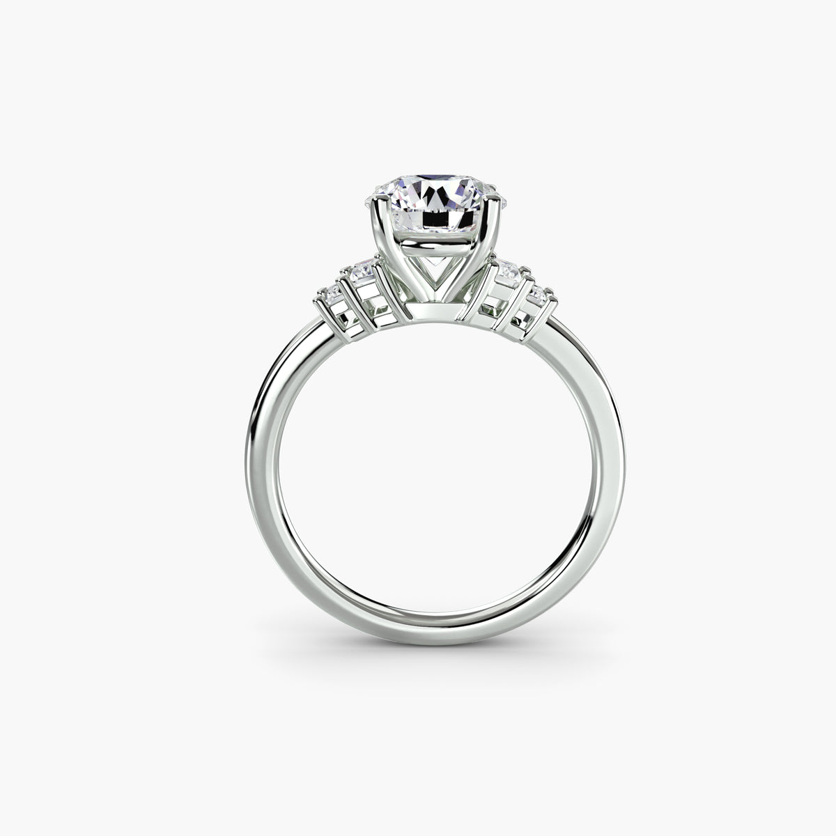 Profile view of baguette accent solitaire engagement ring – The Corinne