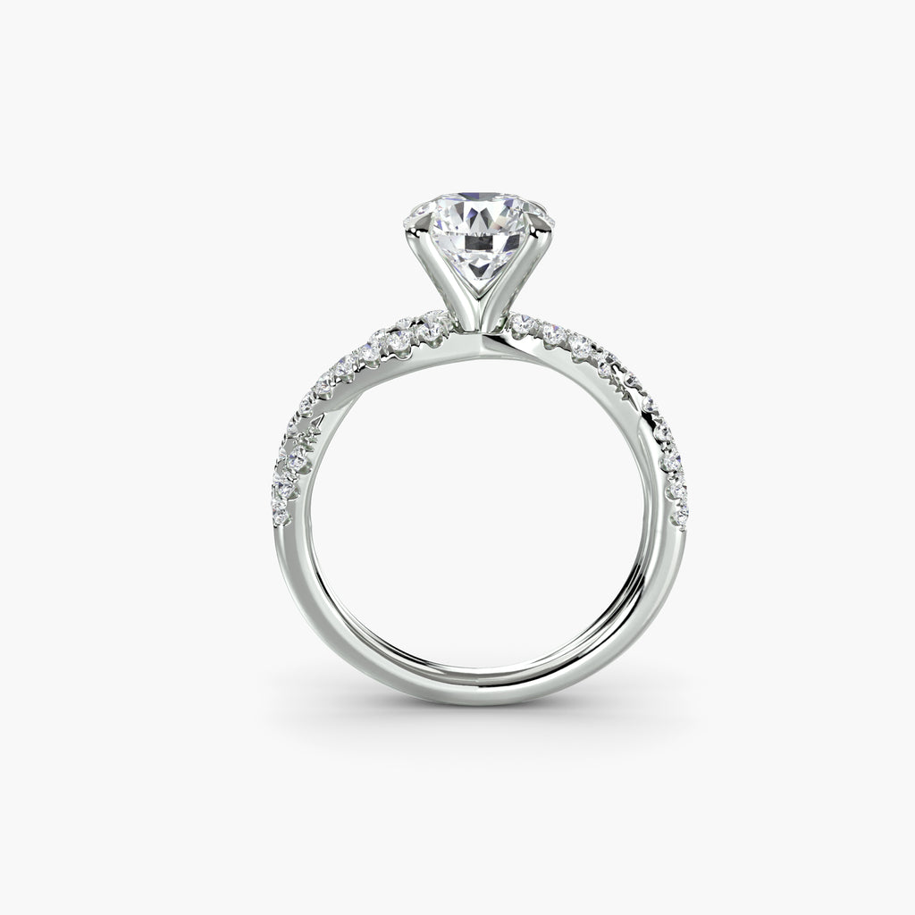 Profile view of The Lucienne split-shank engagement ring with pavé diamond shoulders