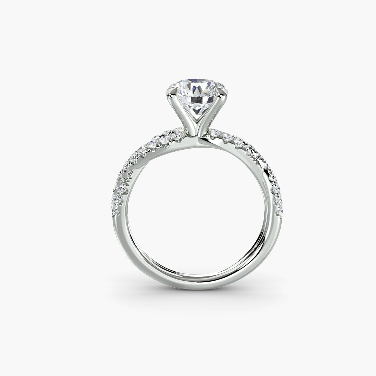 Profile view of The Lucienne split-shank engagement ring with pavé diamond shoulders