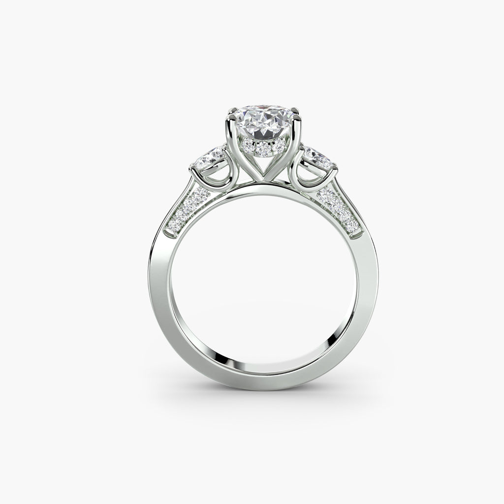 Profile view of three-stone pavé shoulder engagement ring – The Simone