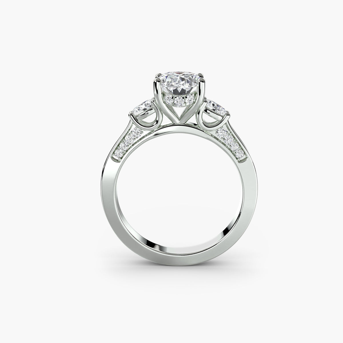 Profile view of three-stone pavé shoulder engagement ring – The Simone