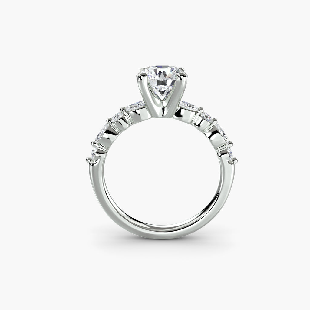 Profile view of The Delphine engagement ring with scalloped round diamond accents